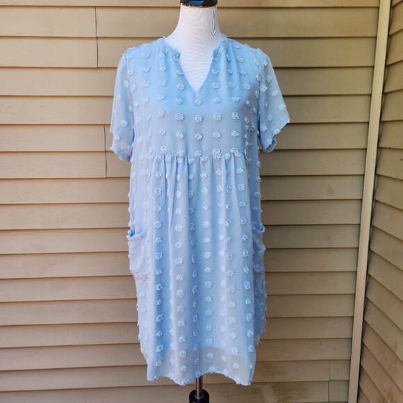 Miholl Blue Loose Flowy Short Dress Textured Dots V-Neck Pockets Short Sleeves - Picture 3 of 15